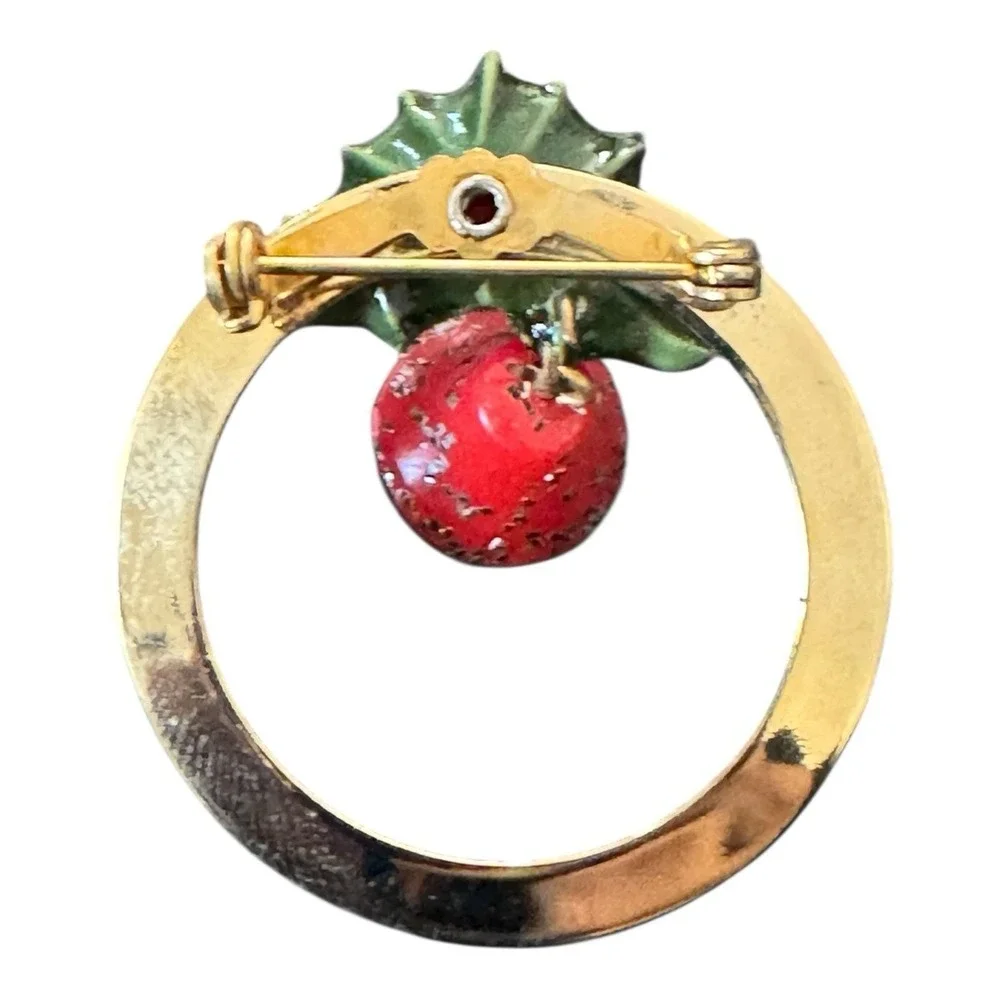 Vintage Gold-Tone Red‎ Enamel Christmas Bell Brooch With Holly  Bow Pin Jewelry